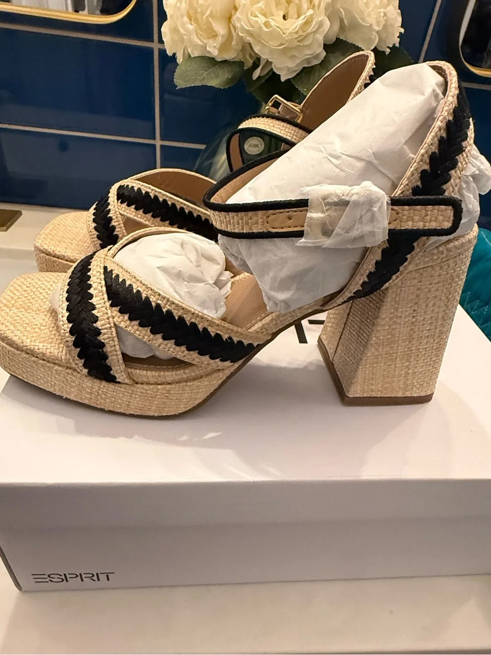Esprit Beige and Black Woven Platform Wedge Sandals
